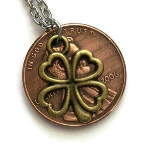 2000-2008 Lucky Penny Necklace 4 Four Leaf Clover Stainless Steel Coin Unisex